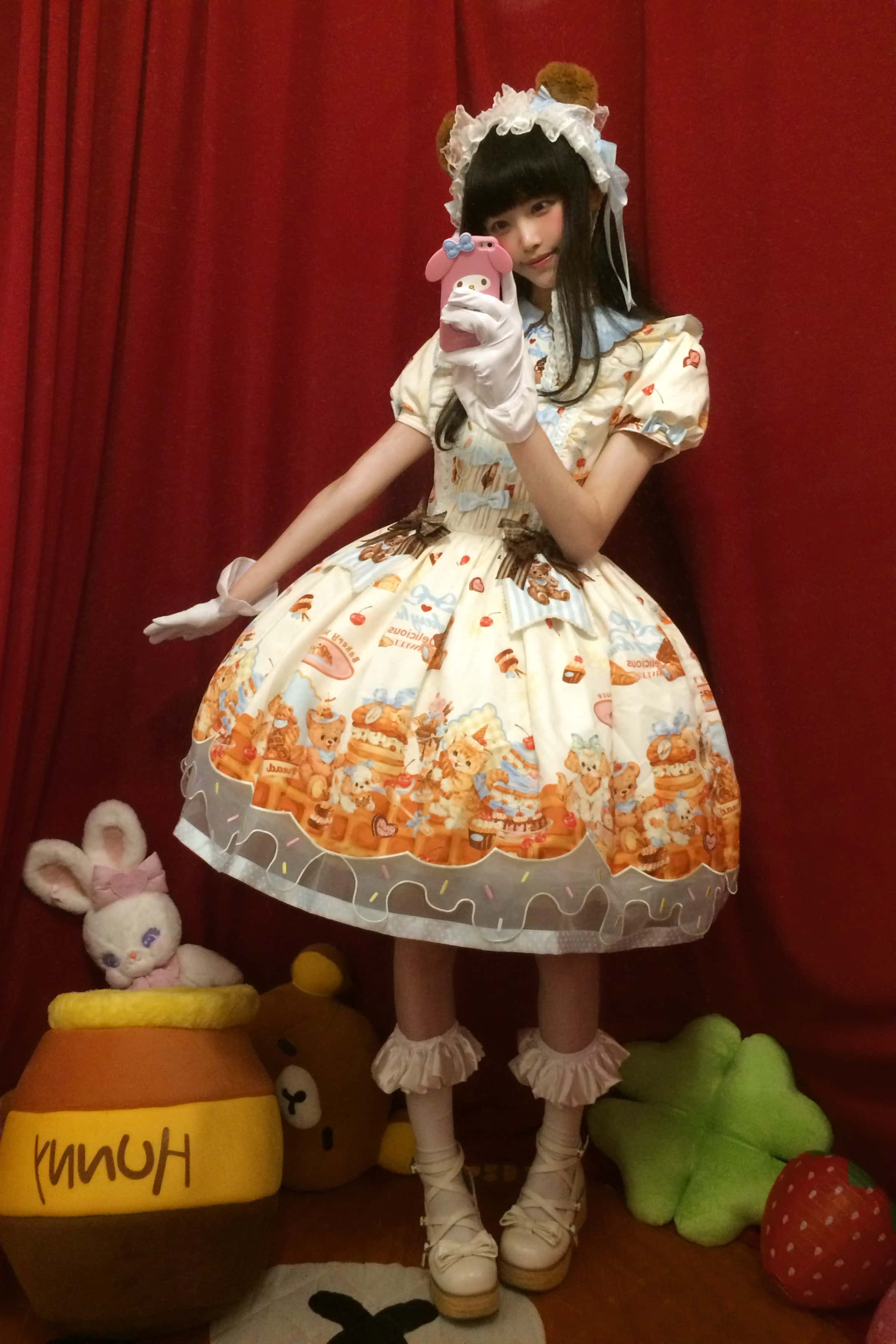 Cream Waffle Bear Lolita OP/JSK Dress