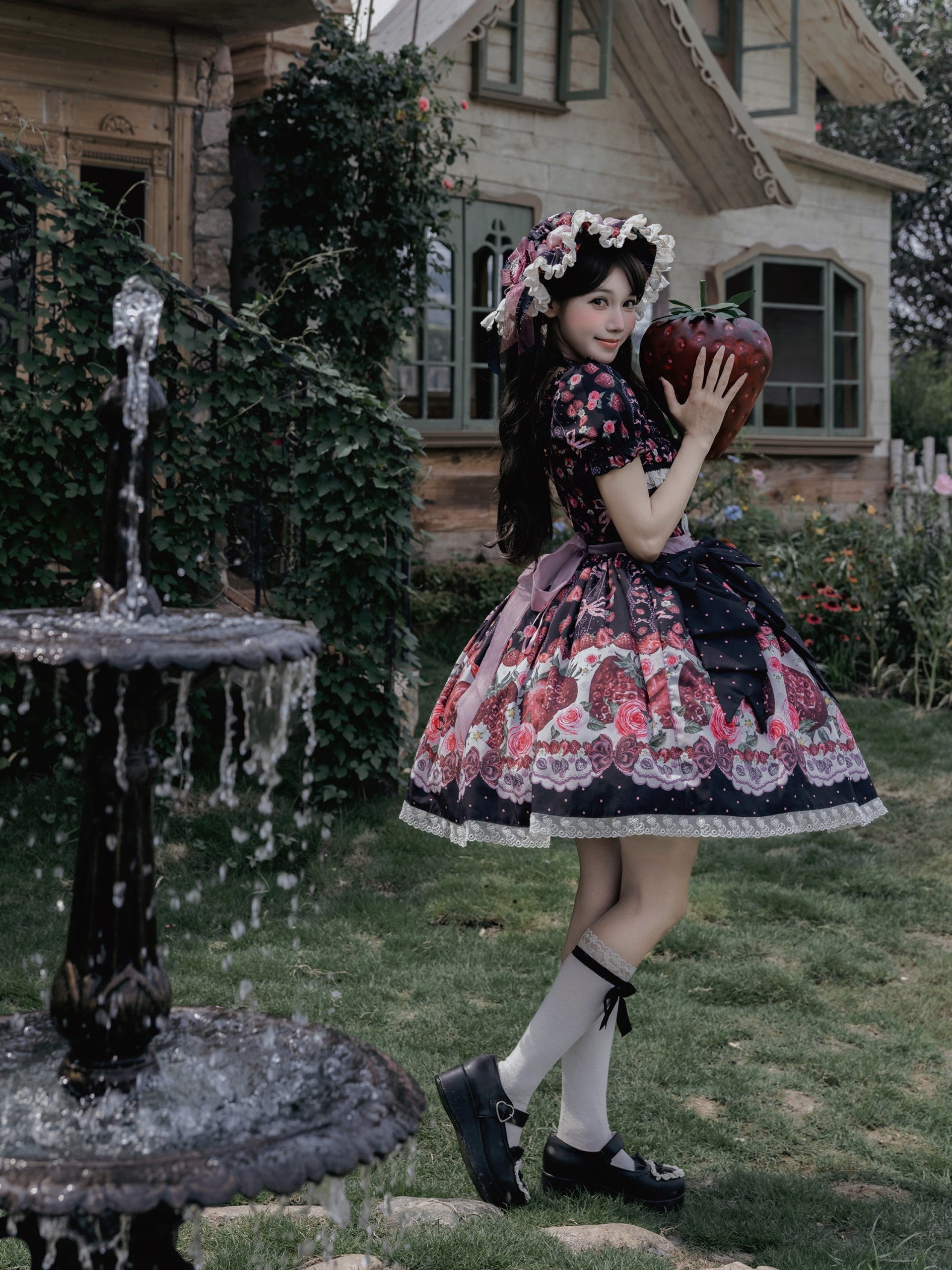 Rotten Berry Fairy Tale Strawberry Print Sweet Gothic Lolita OP Dress