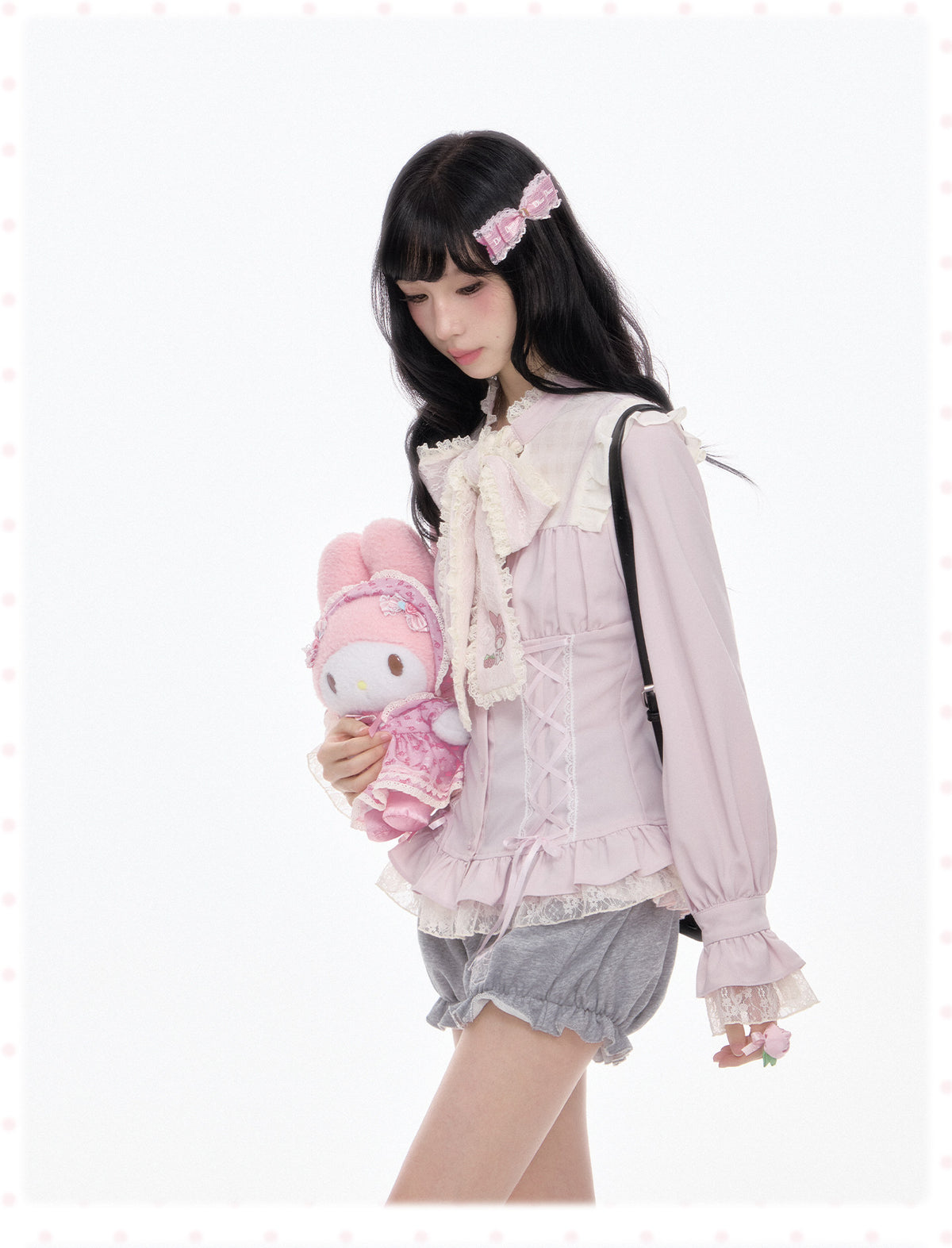 My Melody Corset Lace Ruffle Blouse Gray Tiered Skirt Bloomer Shorts Set