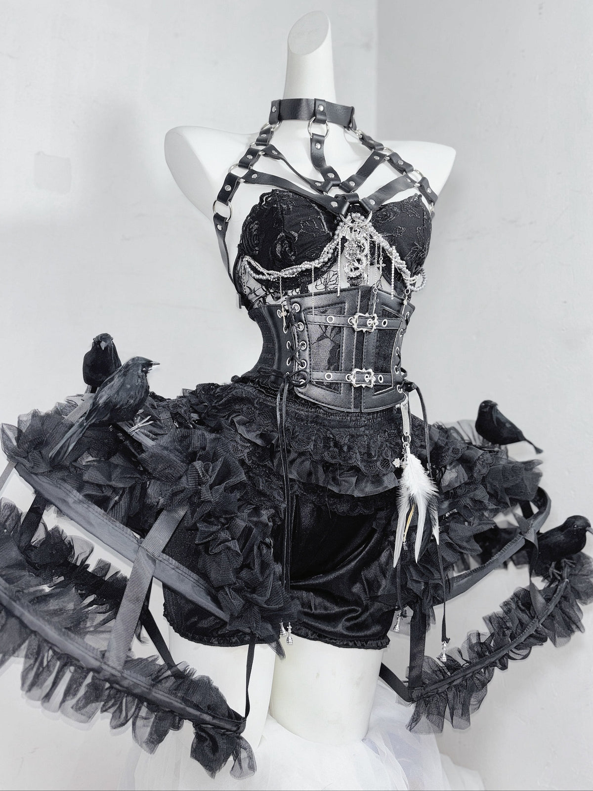 Fallen Angel Dark Raven Poem Prison Gothic Corset & Birdcage Skirt Set