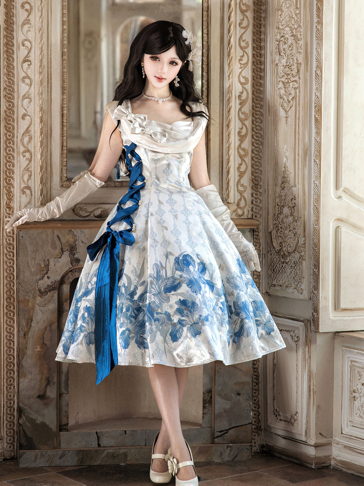 Iris Holiday Ivory Blue Jacquard Satin Classic Lolita Dress