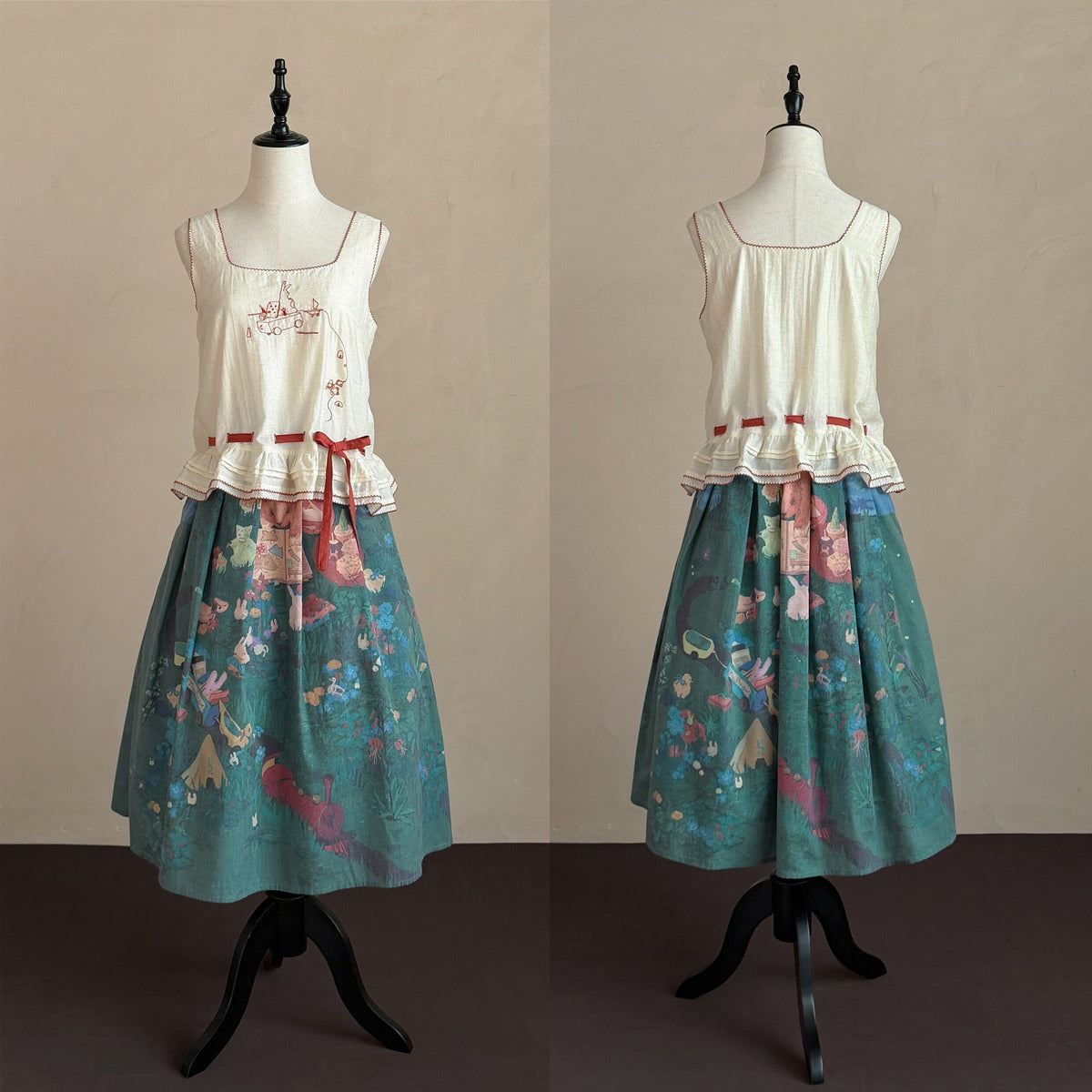Picnic Lolita Print Vest Blouse, SK & JSK Daily Wear Outfit Set