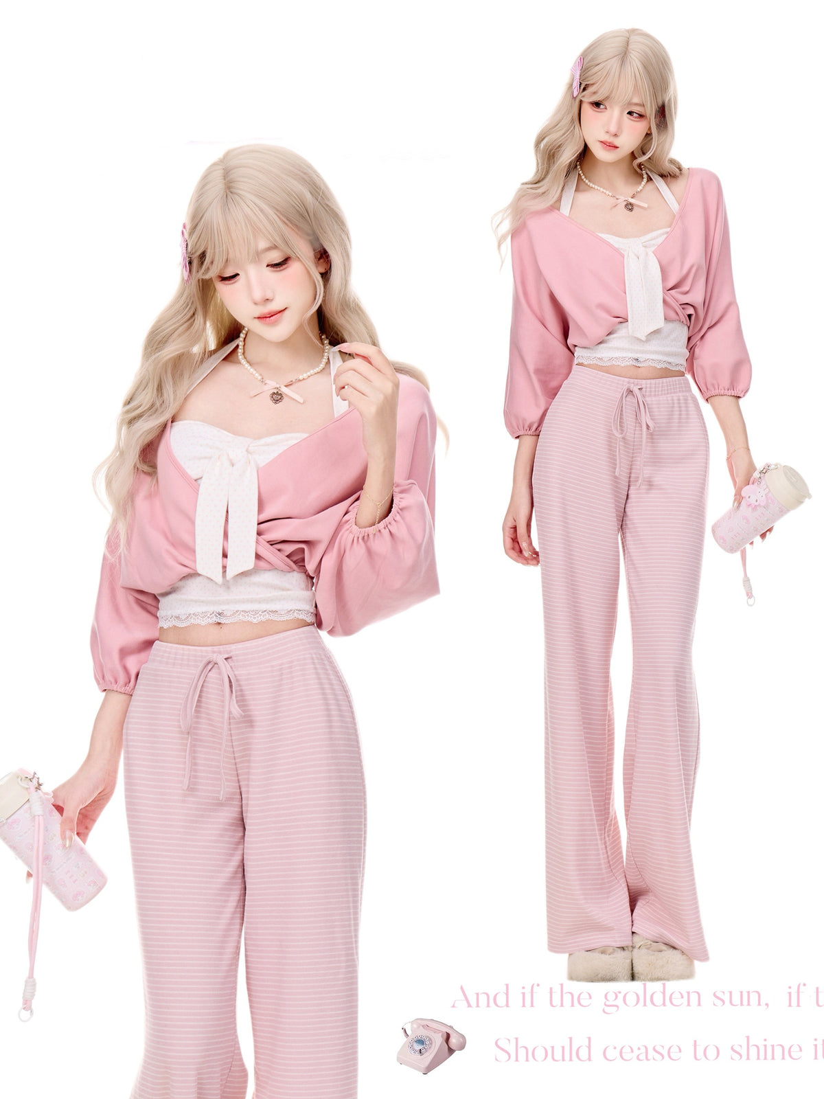 Pink Tide Dream Pink Cardigan White Polka Dot Cami Pink Striped Pants Set
