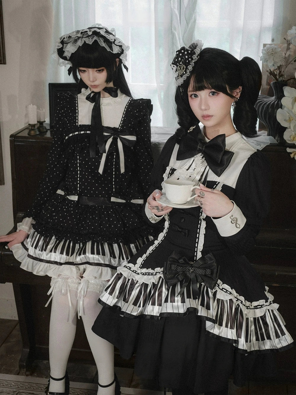 lvory & Eboony Piano Keys Black & White Gothic Stand Collar Cinched Dress