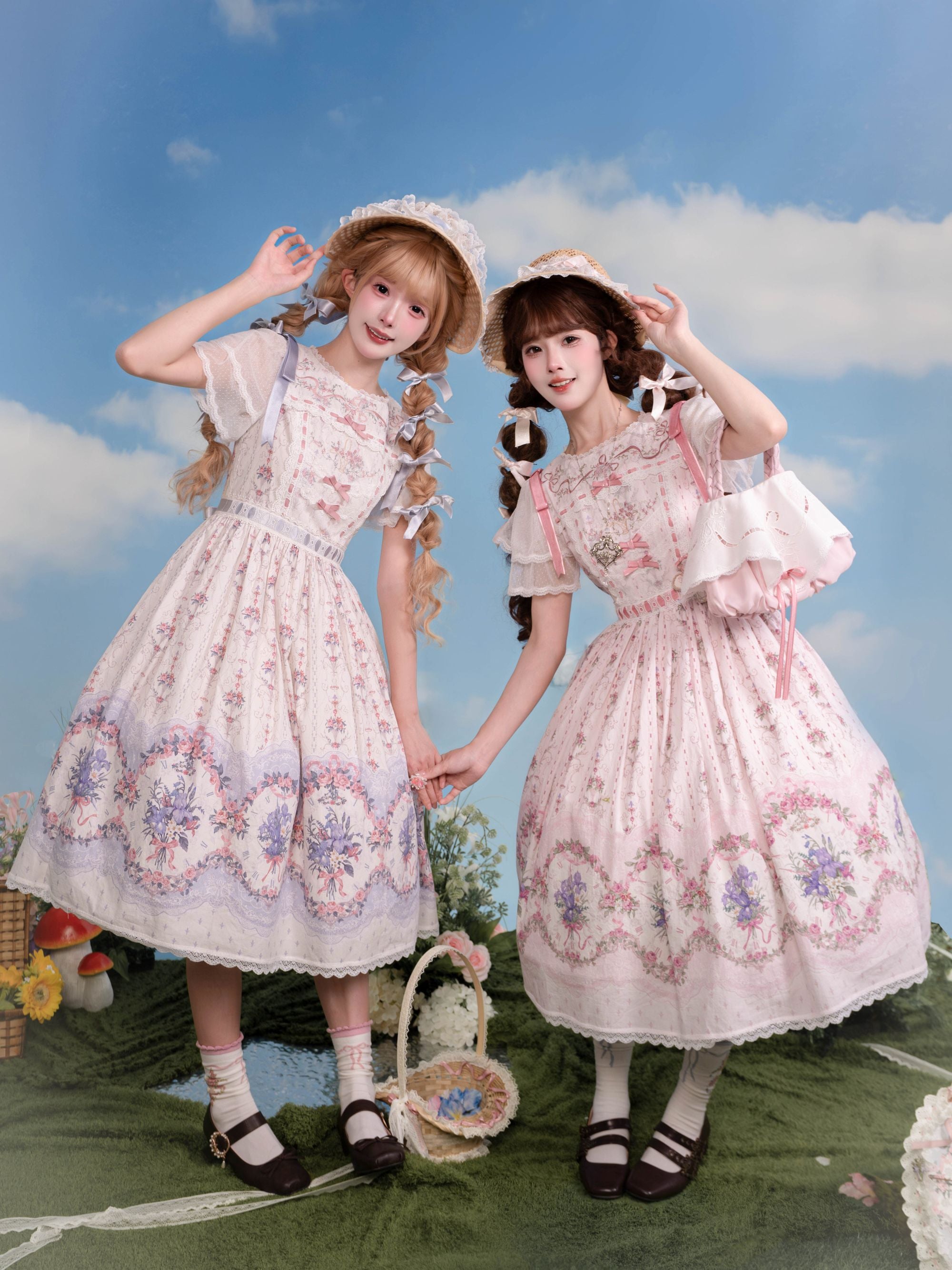 Iris Clock Lolita Flutter Sleeves Printed OP & Cut‑Work Embroidered Lapel JSK