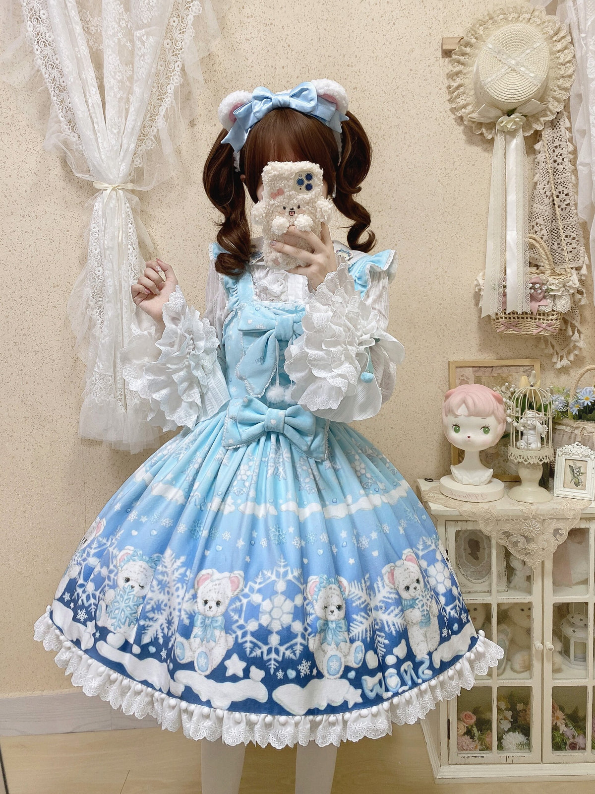 Snowflake Bear Blue Christmas Plush Lolita JSK Dress Set