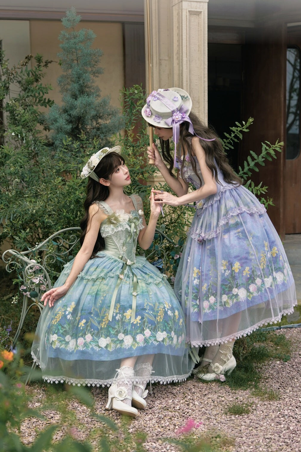 Violet‑Hued Lake Classic Oil‑Painting Printed Tulle Lolita JSK Dress