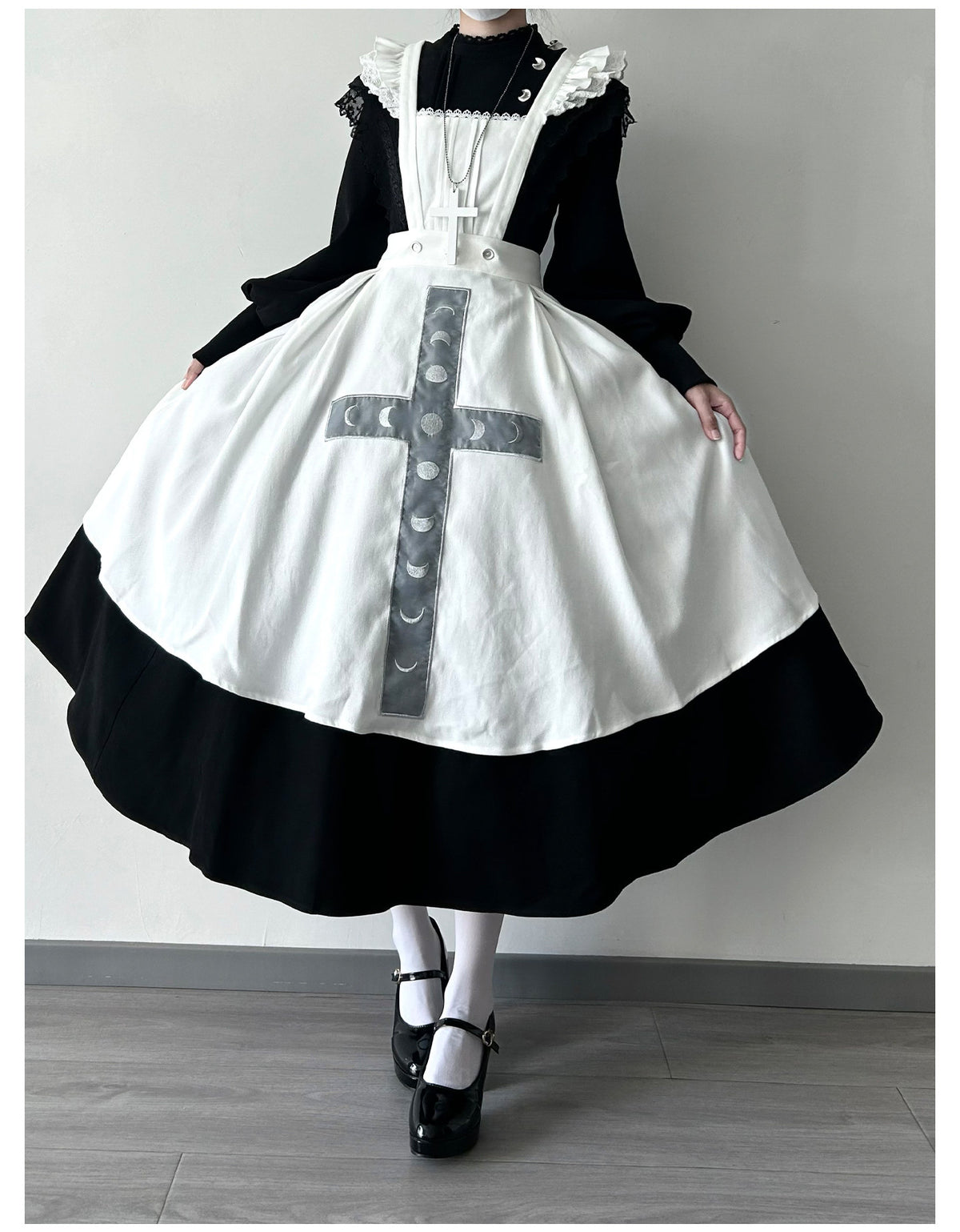 Moon Phase Lolita Gothic Lace High Collar Apron OP Dress