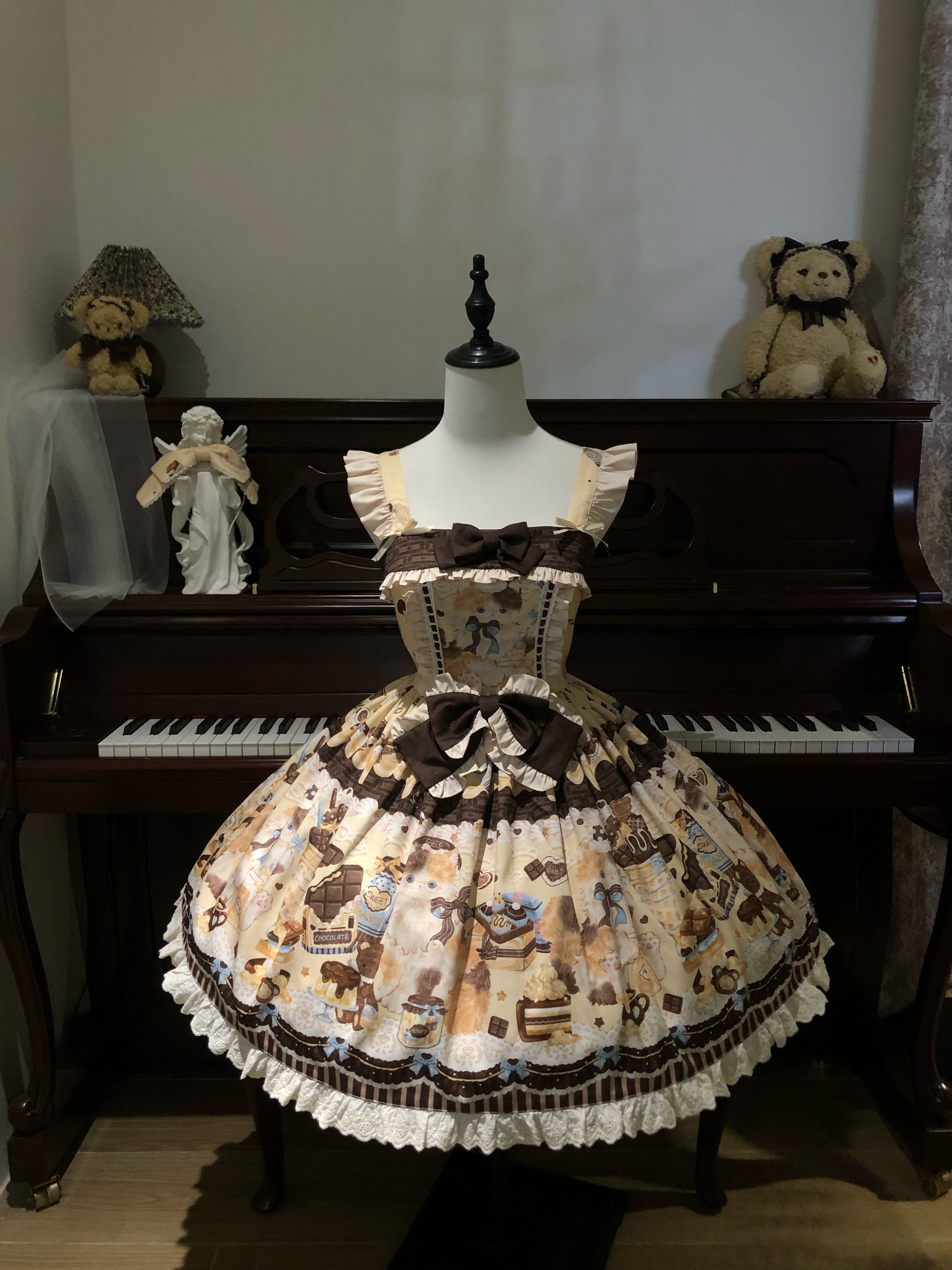 Chocolate Cake Party Mint Green Beige Honey Cat Print Sweet Lolita JSK Dress