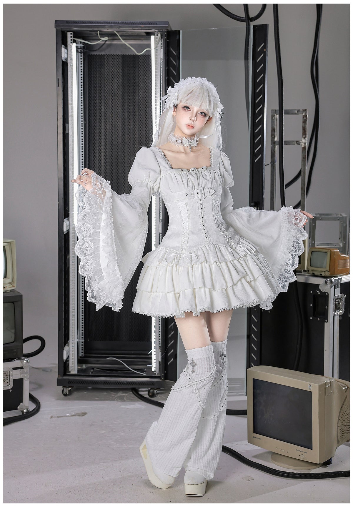 White Night Feather Lolita Sweet Cool Hime Sleeve Mini Dress Set