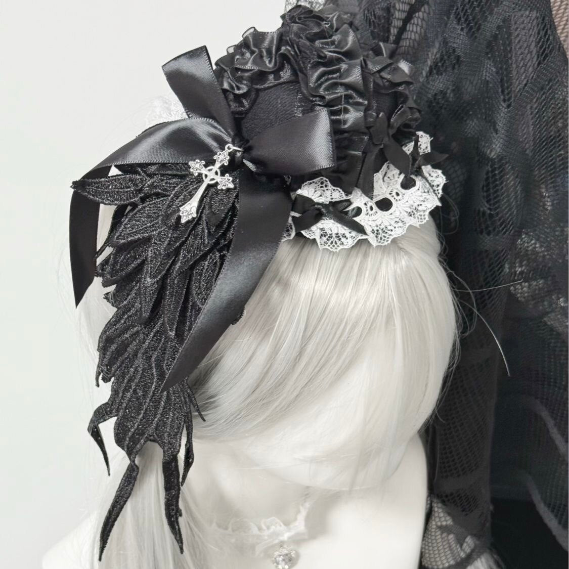 Single Wing Angel Cross Feather Lolita Gothic Lace Mini Hat Hair Accessory
