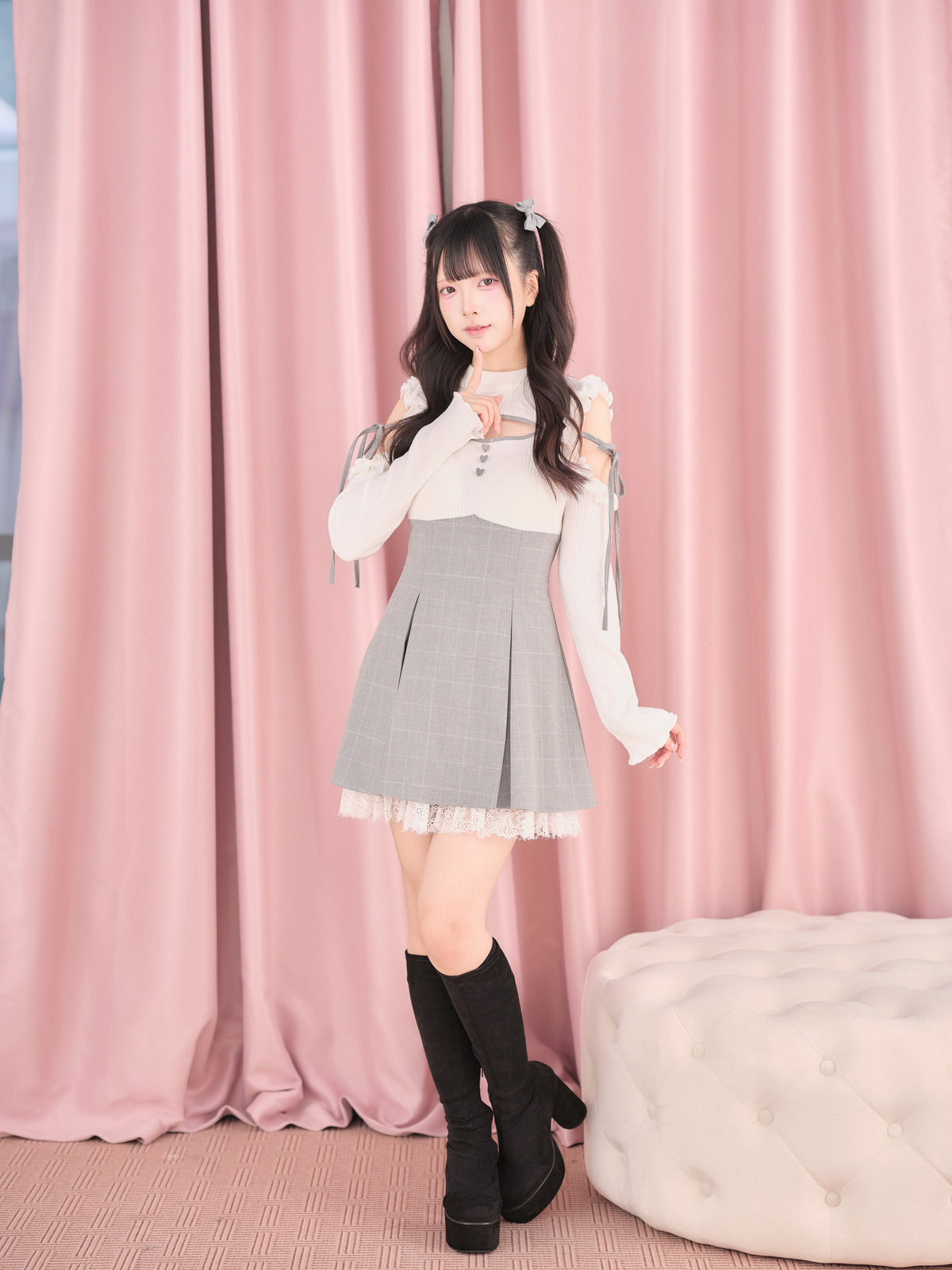 Knitted Plaid Japanese Mass Produced Faux Two Piece Dress