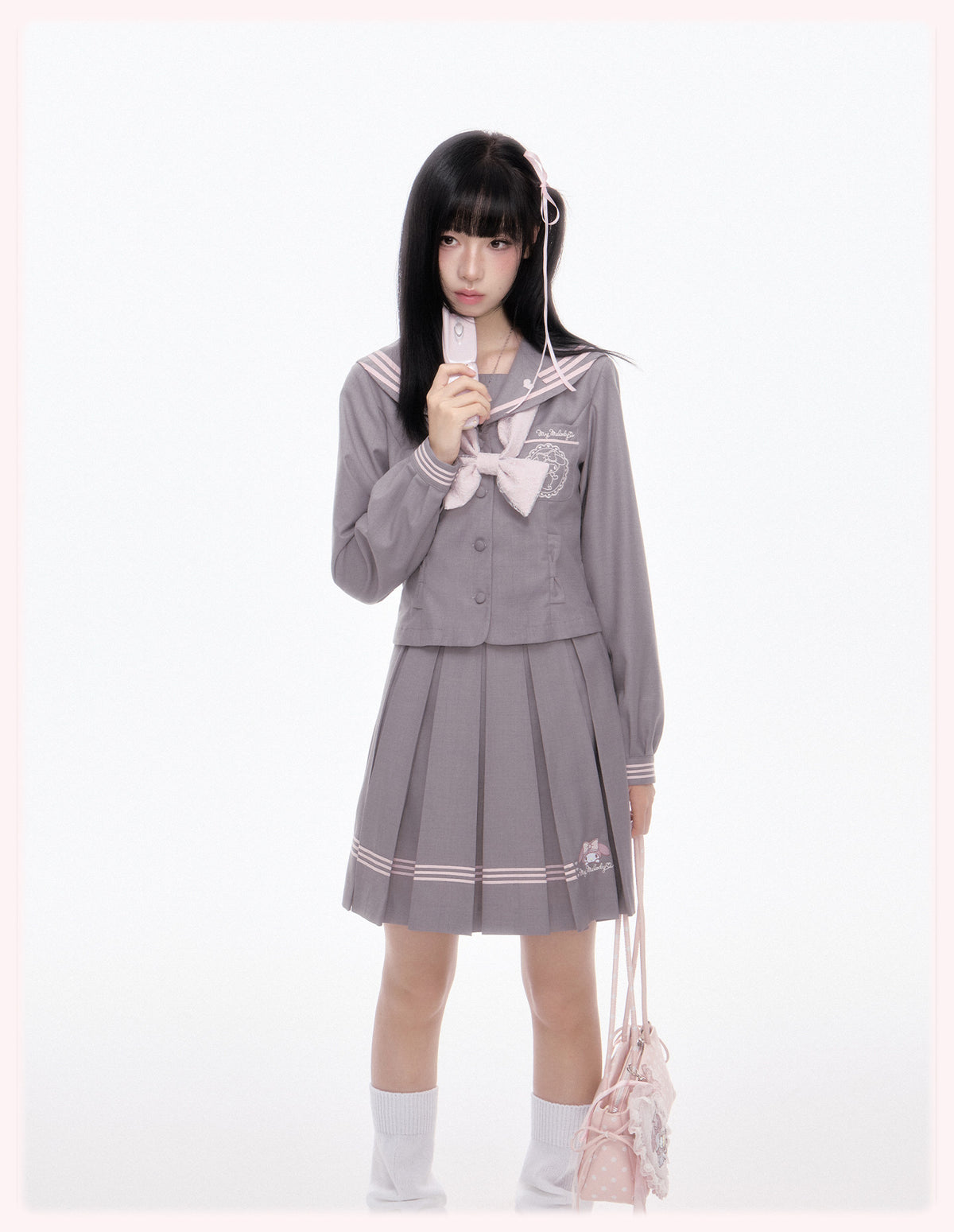 My Melody Gray JK Sailor Uniform Long Sleeve Top Pleated Skirt Bow Tie Set
