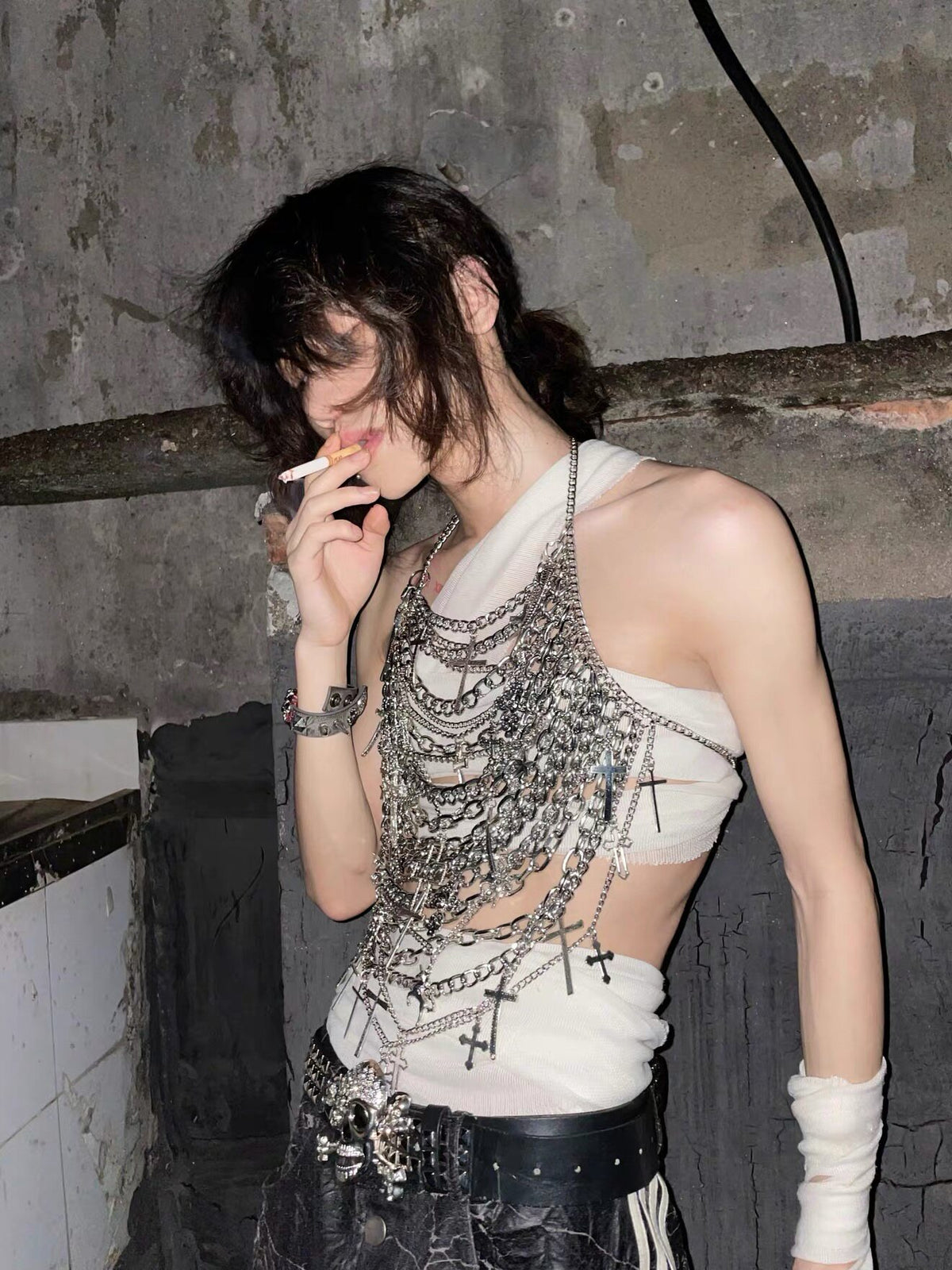 Tears Queen Silver Shiny Gothic Halter Crop Top & Cross Body Chain
