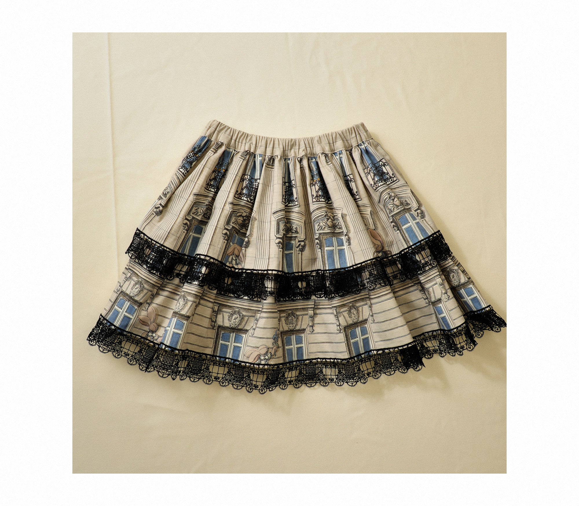French Architectural Balcony Print Black Lace Trim Mini Skirt