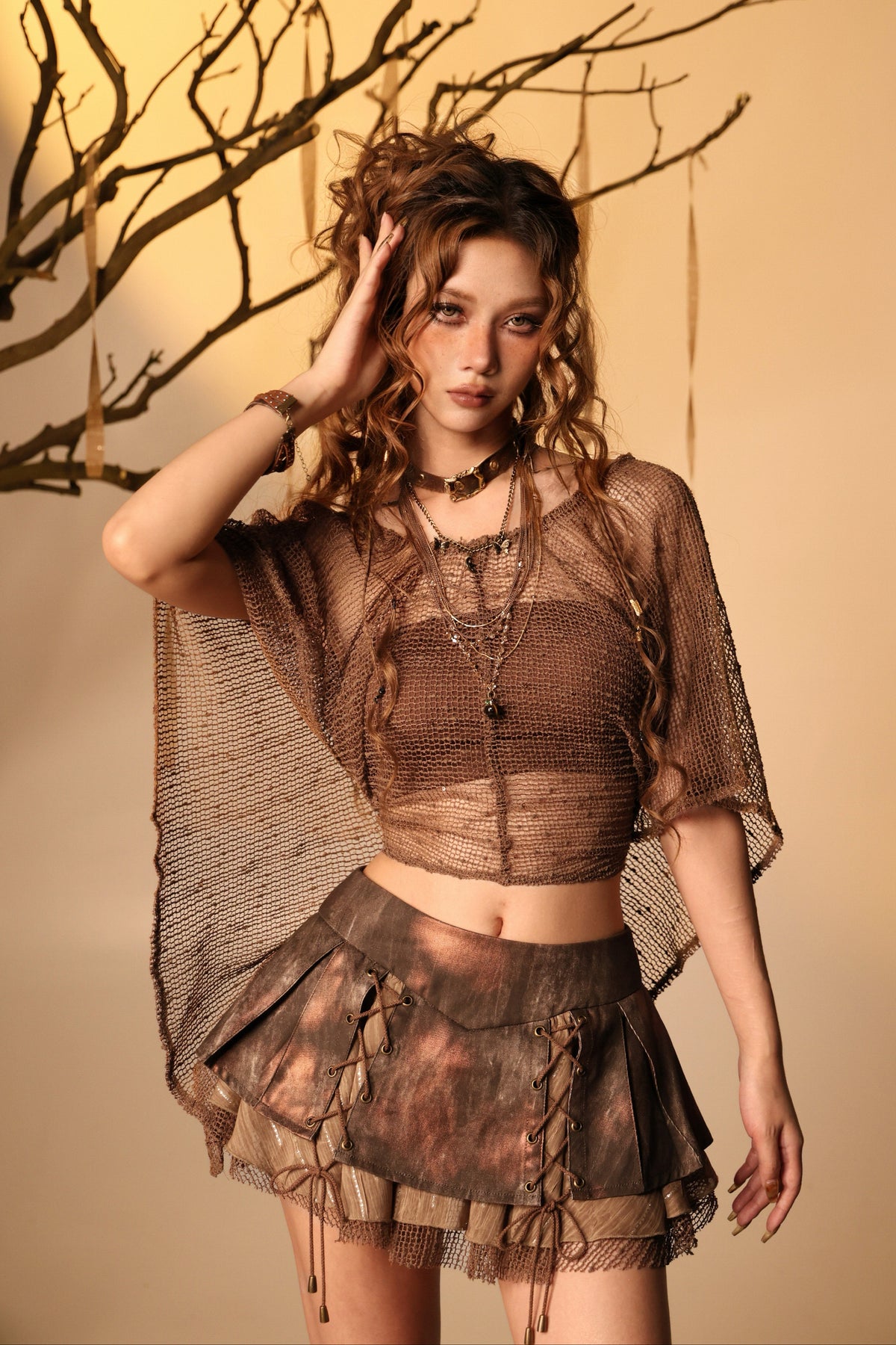 Ember Wasteland Butterfly Batwing Net Mesh Shrug with Choker Chain Hardware