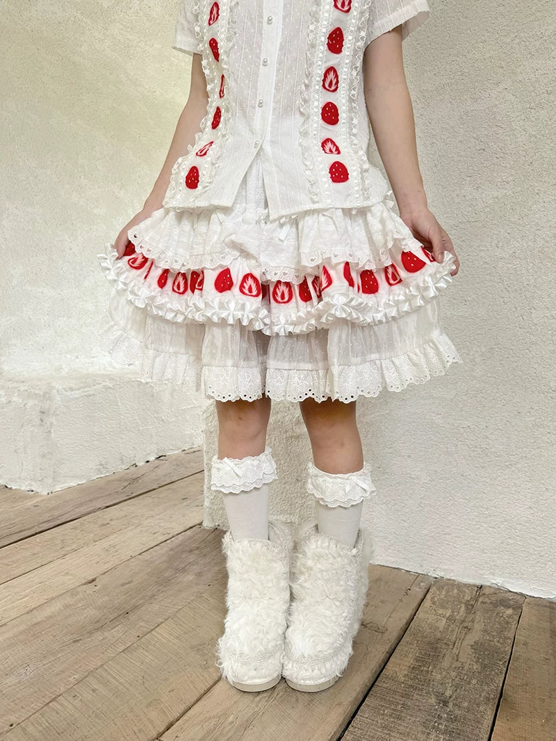 Strawberry Scent Printed Plaid Short Sleeve Blouse