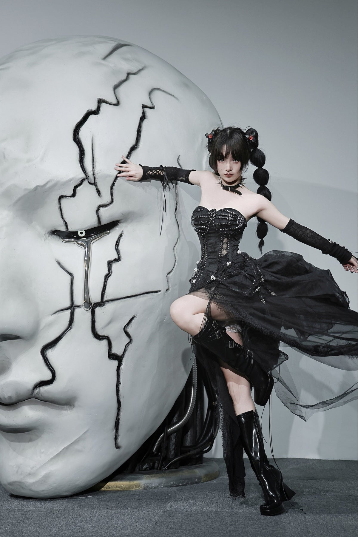 Pure Black Gothic Dark Halloween Corset & Half Skirt Set