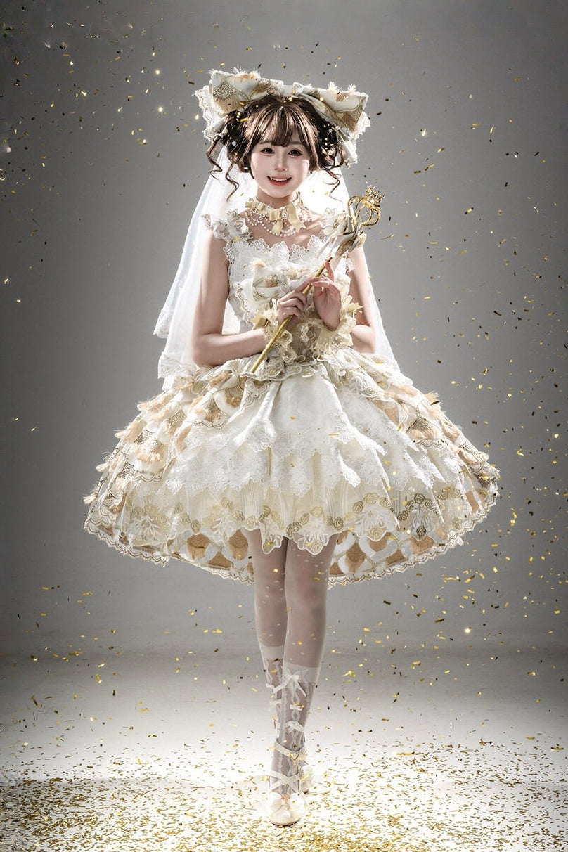 Robe Lolita JSK Blanche et Dorée avec Plumes de Paon SP pour Mariée