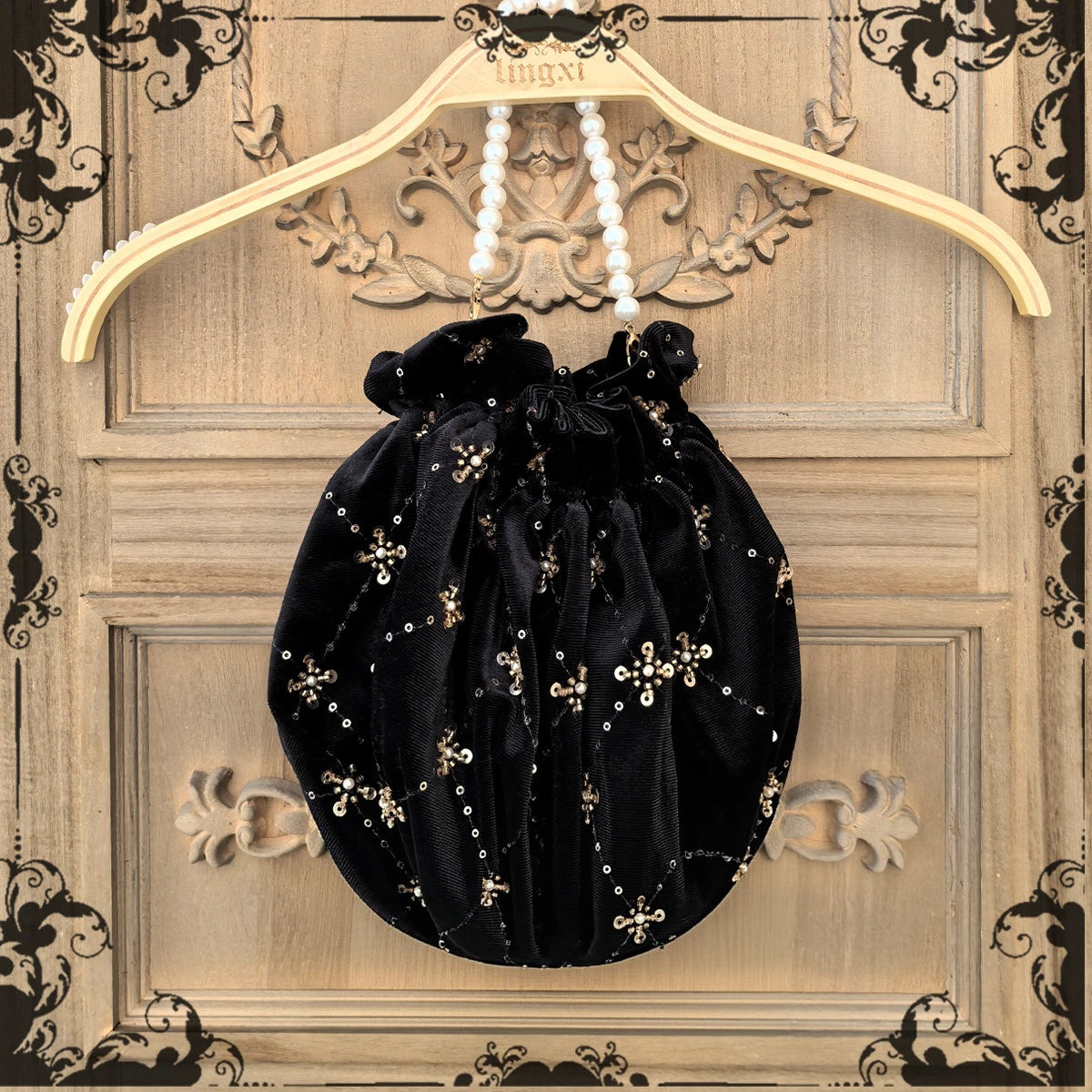 Mirror of Falling Stars Lolita Black Gold Velvet Empire Dress