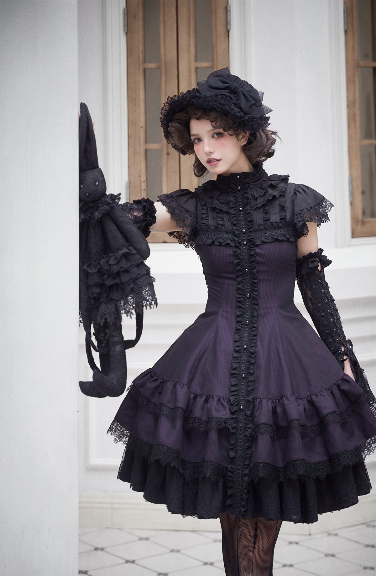 Leanna Black and Purple Gothic Lolita Cross Lace Short OP Dress