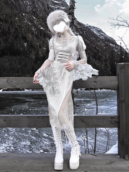 Lolita Gothic Silver Printed Goddess Fishtail Dress LG1011