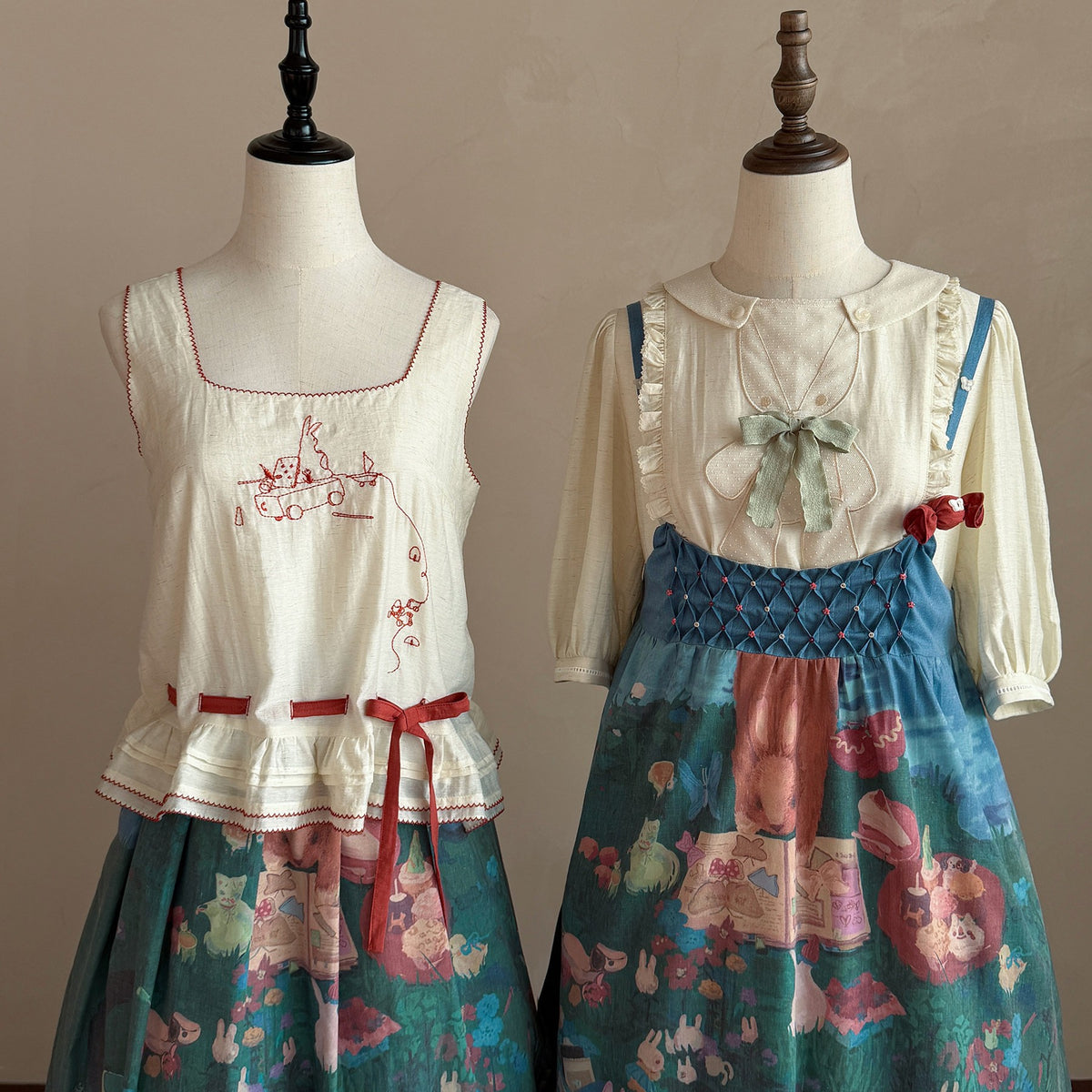 Picnic Lolita Print Vest Blouse, SK & JSK Daily Wear Outfit Set