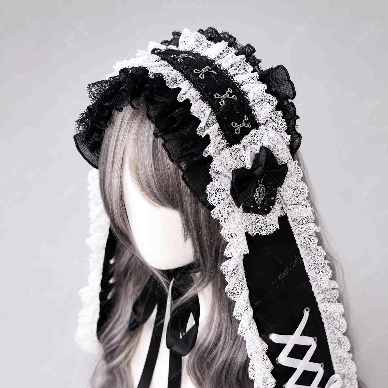 Long Ear Bunny Doll Lace Gothic Lolita Headband with Paw Heart Hair Clip