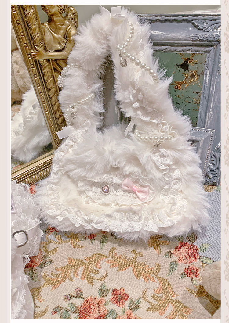 Lolita Pearl Lace Bow Fluffy Plush Bag LE8012