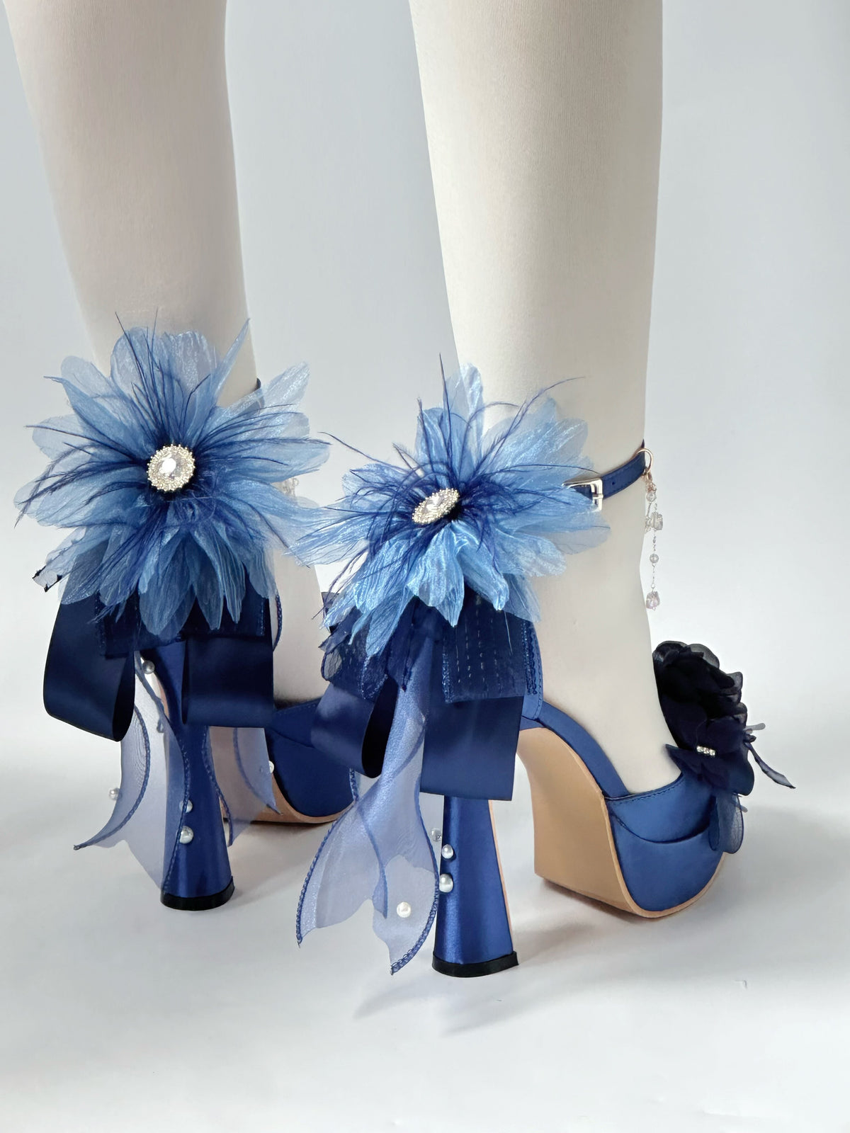 Ocean Tide Blue Chunky Heel Lolita Shoes with Flower Clips