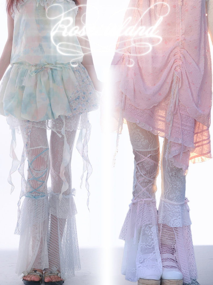 Jellyfish Pink Blue Lace Mesh Flared Pants Slip Dress Fairycore Set