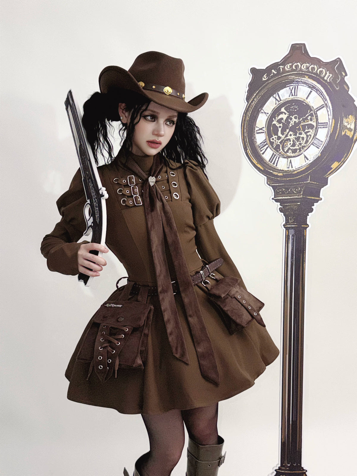 Cannoneer Lolita Steampunk Long Sleeve Brown OP Dress Set