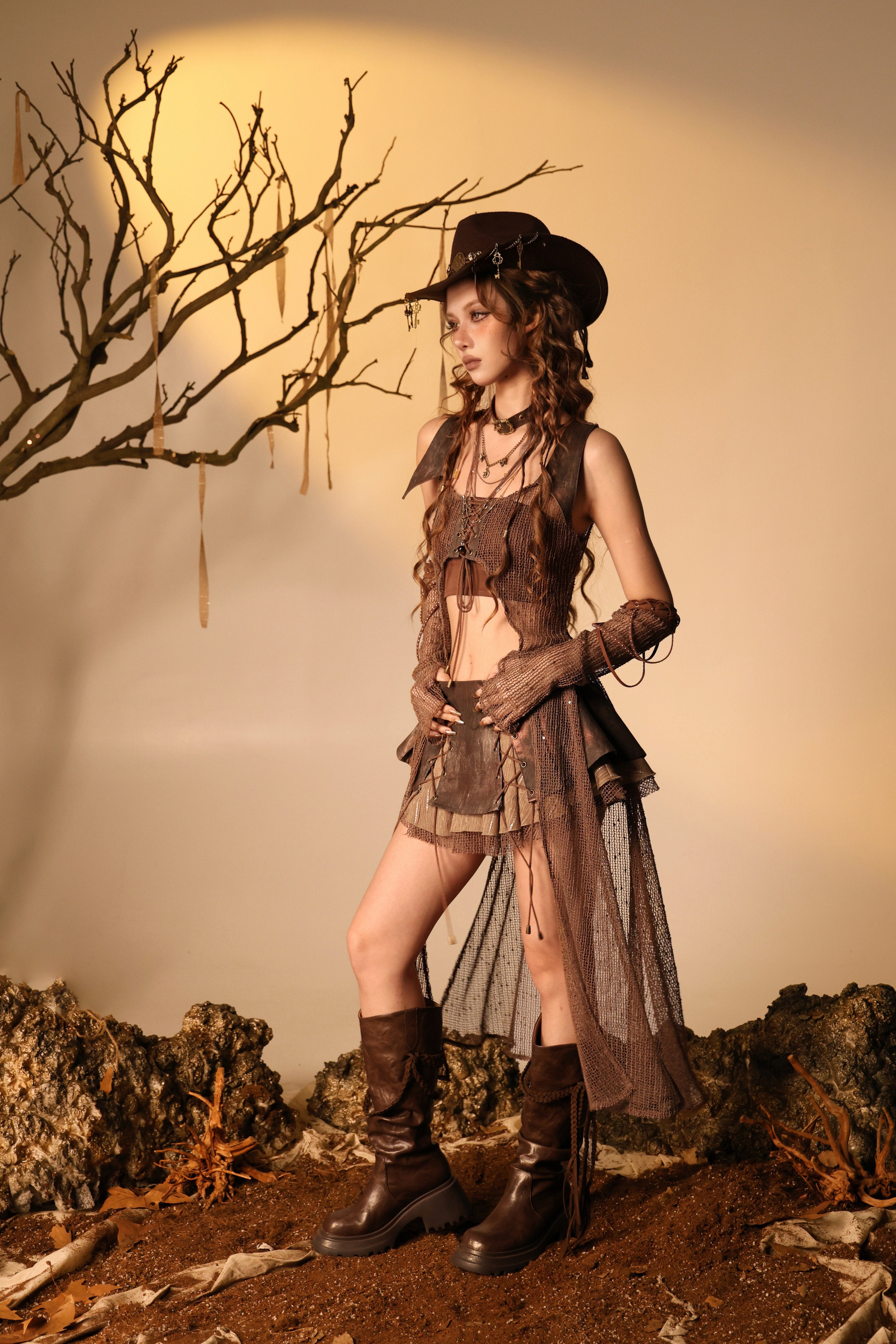 Ember Wasteland Open-Knit Lace-Up Maxi Cardigan Tube Top Set