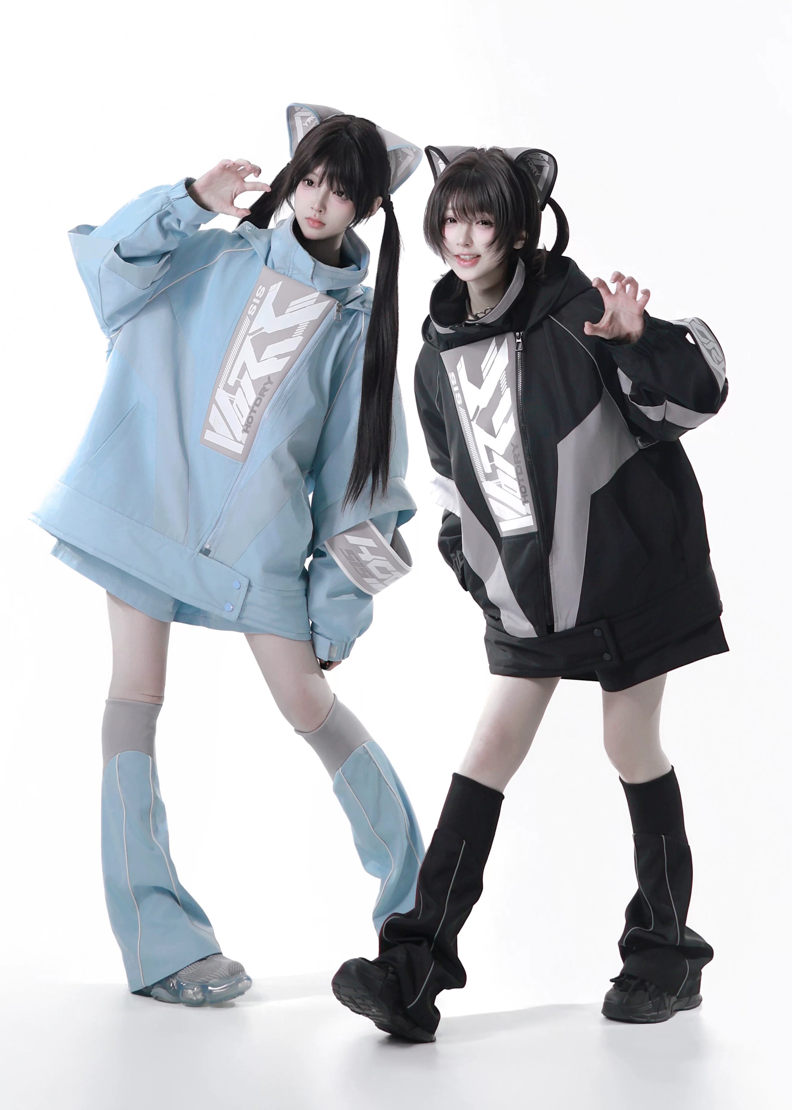 Dystopian Techwear Two-Piece Fleece-Lined Jacket and Shorts Set