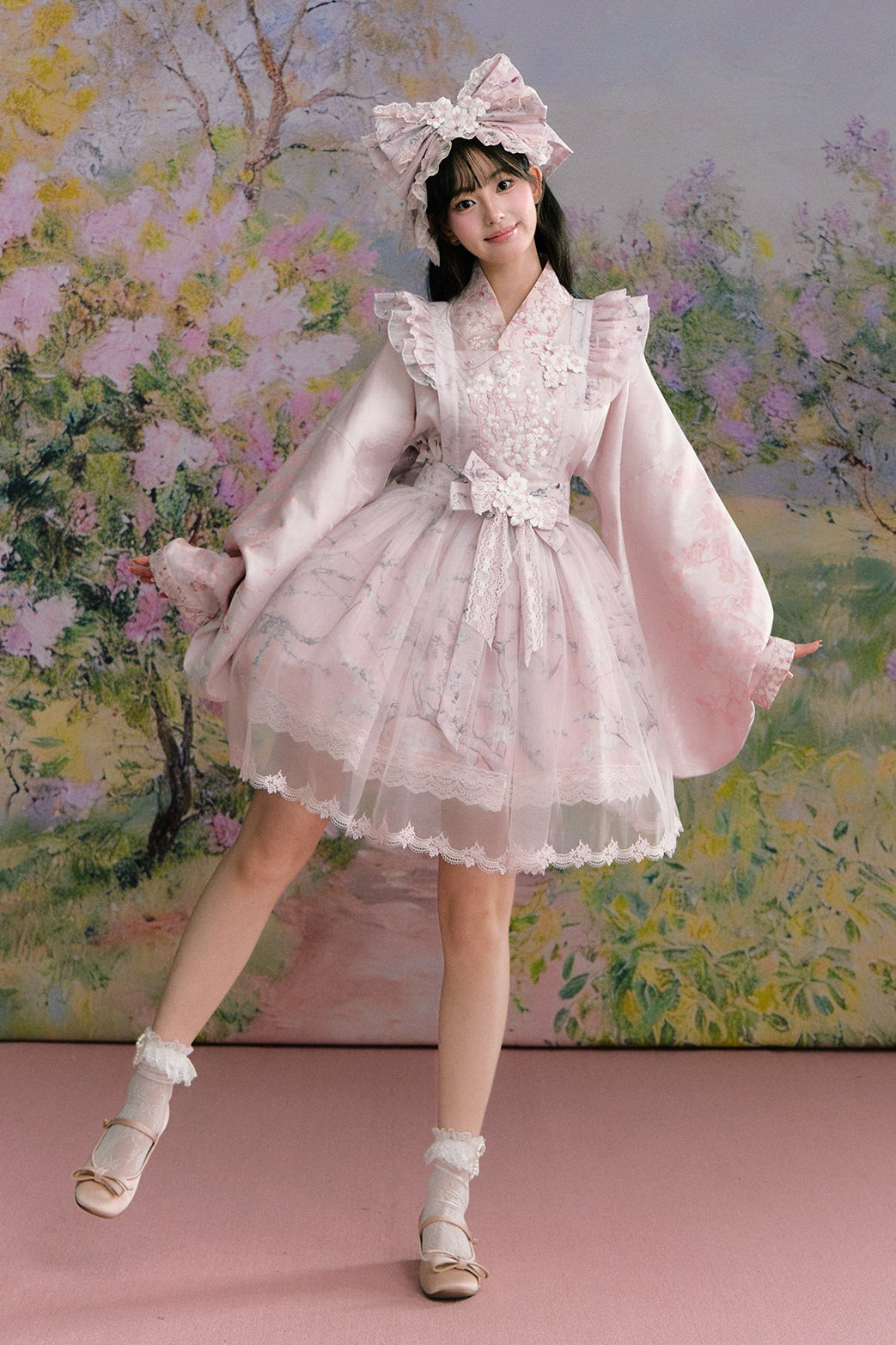 Apricot Blossom Shadow Pink & Blue Black Hanfu Lolita JSK Set