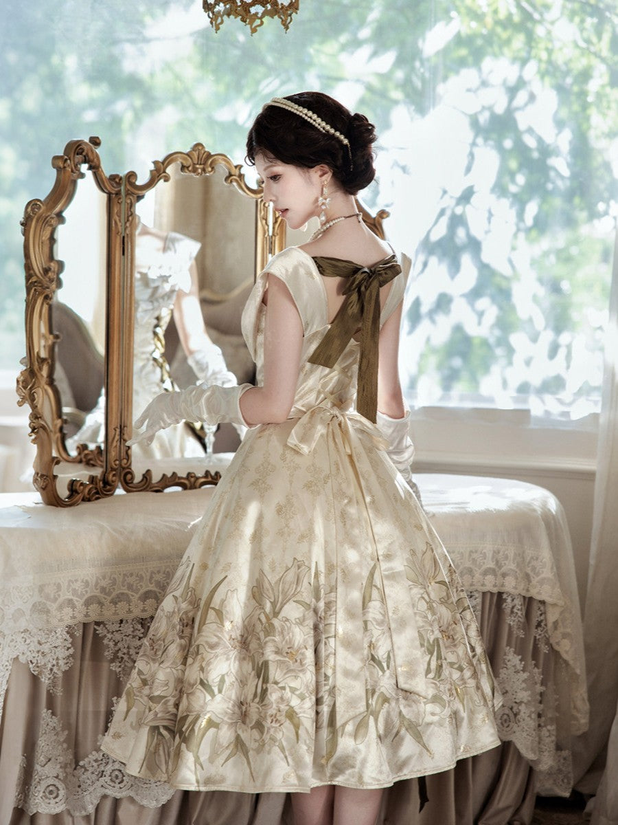 Uncharted Stars Ivory Gold Lily Print Elegant Classic Lolita Dress