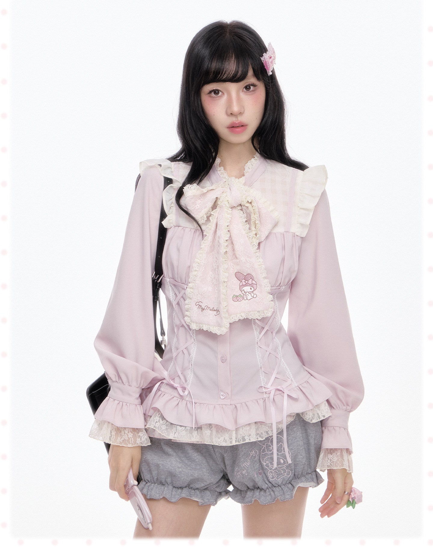 My Melody Corset Lace Ruffle Blouse Gray Tiered Skirt Bloomer Shorts Set