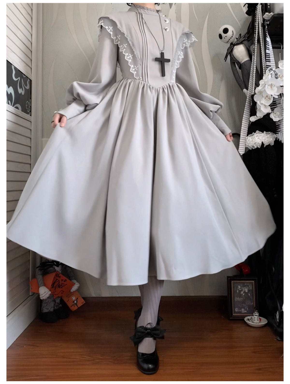 Moon Phase Lolita Gothic Lace High Collar Apron OP Dress