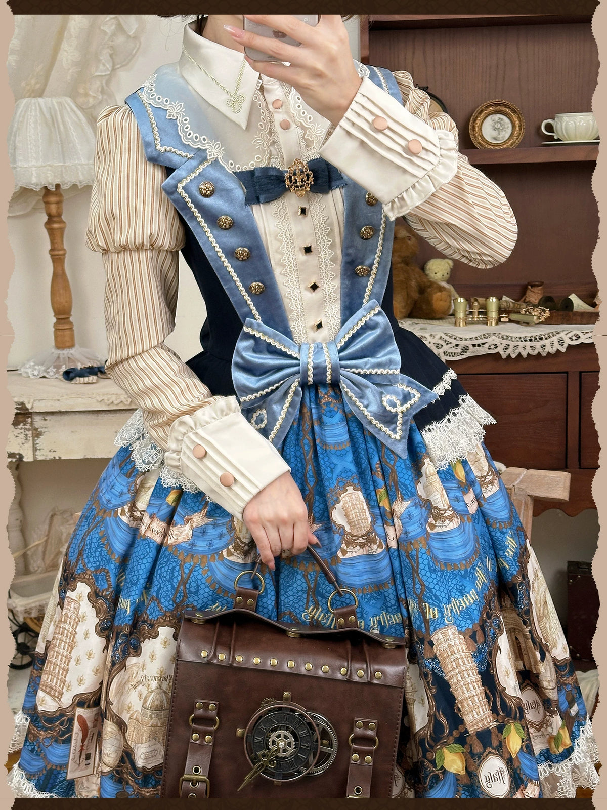 Italian Travelogue Navy British Style Lolita JSK Dress and Blouse