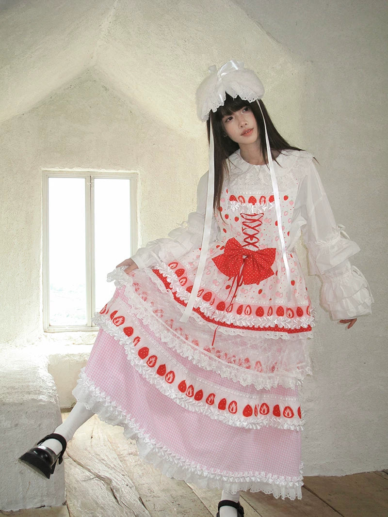 Strawberry Scent Polka Dot Floral Mini Wing Pinafore JSK Dress