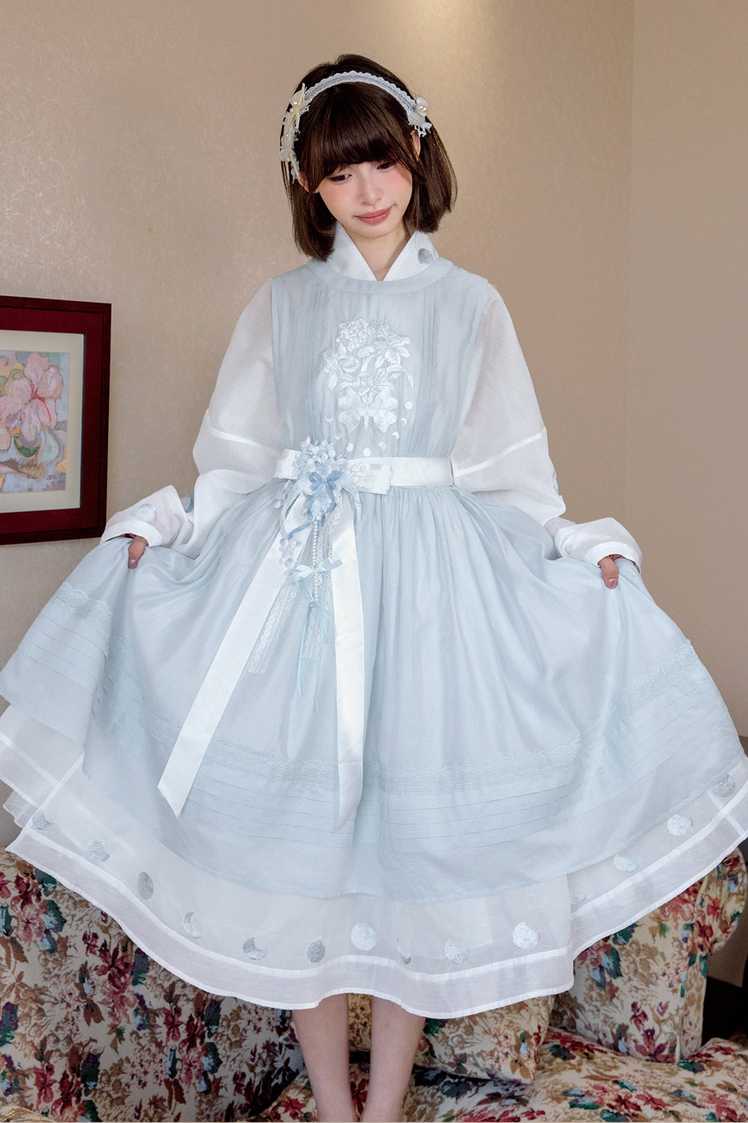 Jiao Jiao Misty Blue Floral Embroidery Wa Lolita High Waist Dress