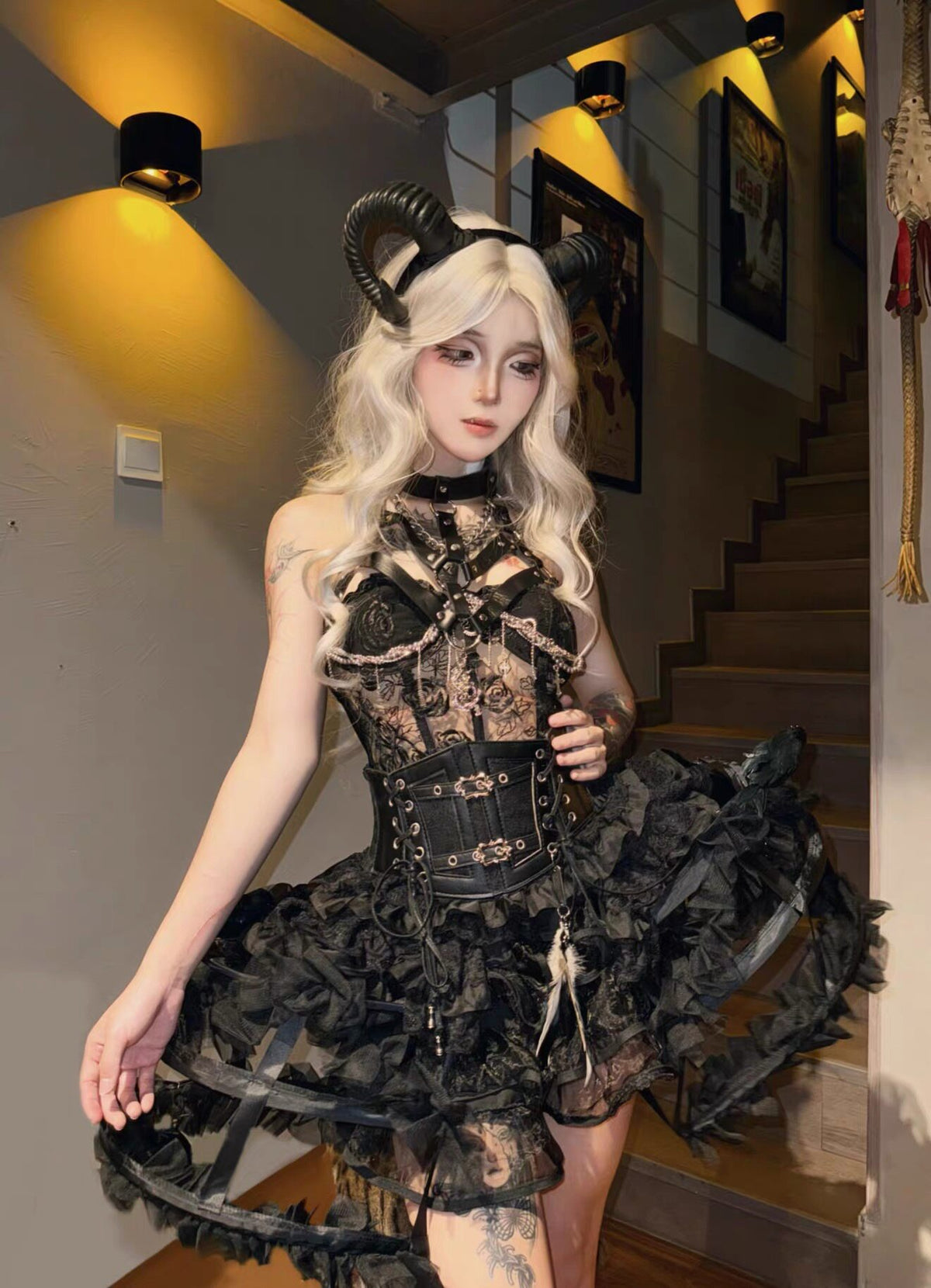 Fallen Angel Dark Raven Poem Prison Gothic Corset & Birdcage Skirt Set