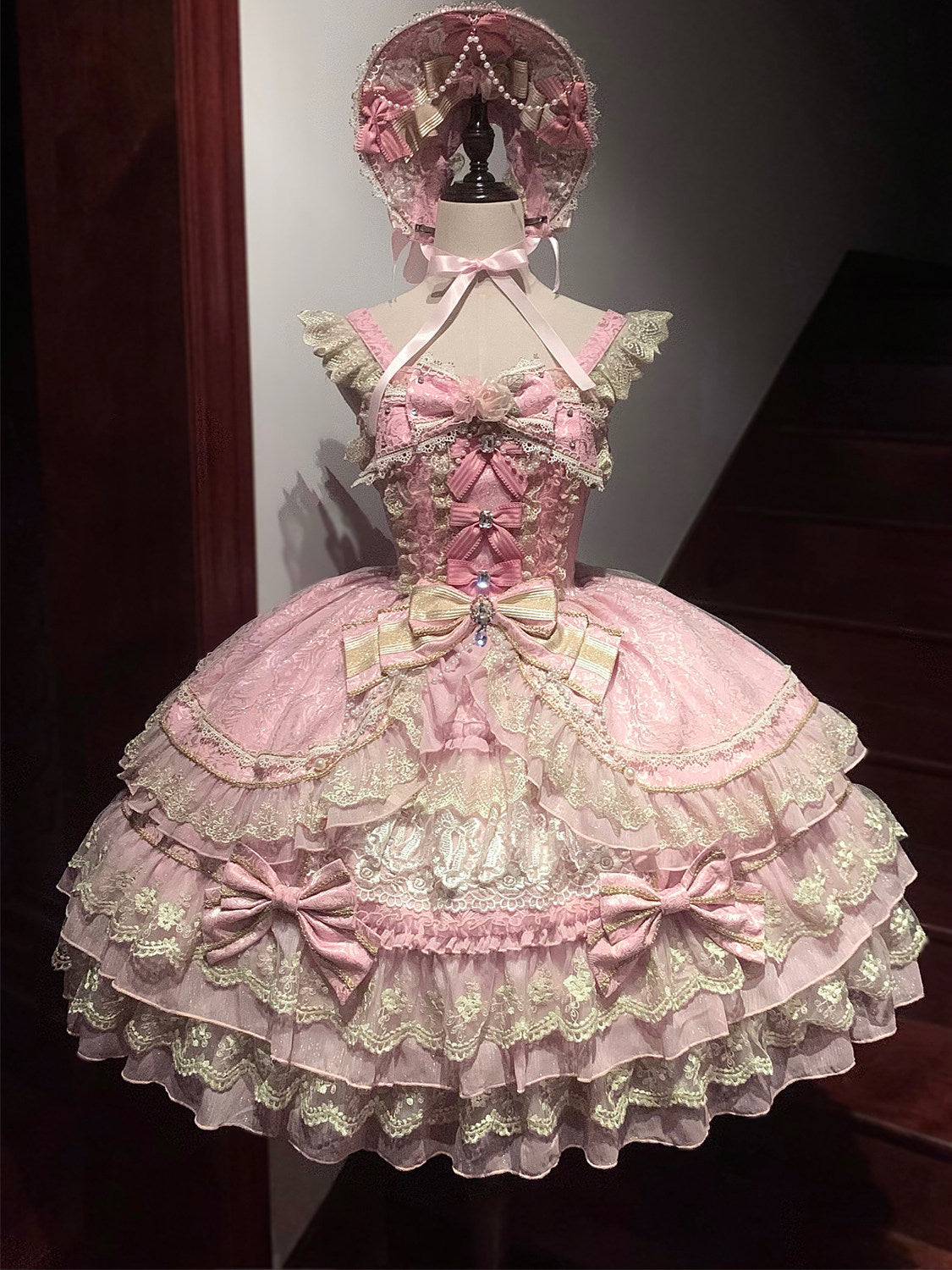 Crown of Gems Lolita Original Doll‑Like Strap JSK Pink Dress