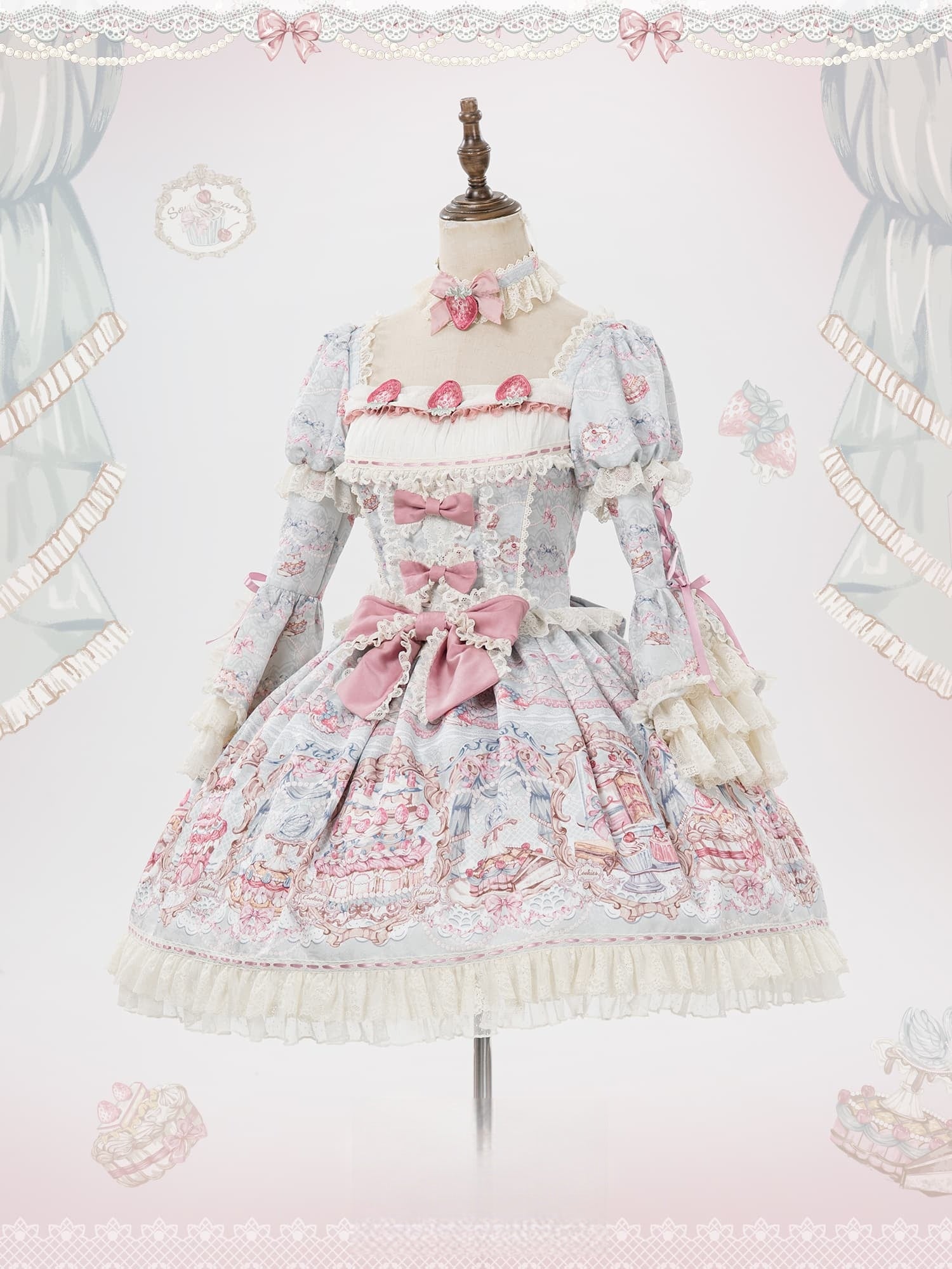 Victoria Cake Blue Grey Jacquard Vintage Sweet Lolita OP Dress