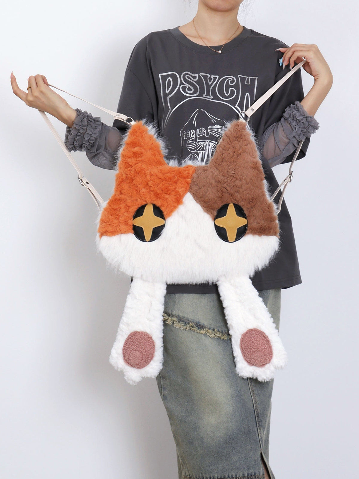 Face-Cover Calico Cat Plush Lolita 3-Way Bag