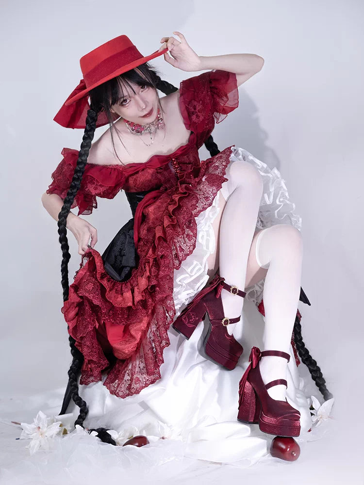 Elegant Jacquard Platform Mary Jane Heels with Butterfly Bow Sweet Lolita Shoes