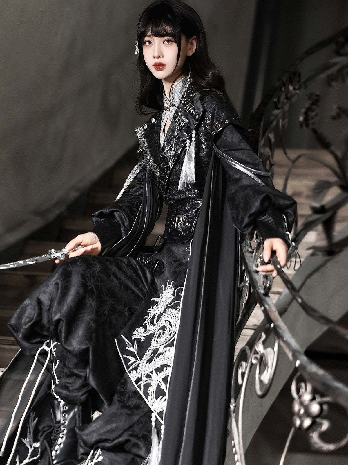 Shadow Dragon Black Silver Dragon Embroidery Oriental Hanfu Modern Set