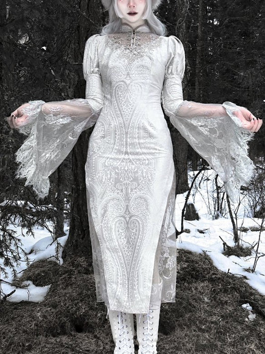 Lolita Gothic Silver Printed Goddess Fishtail Dress LG1011