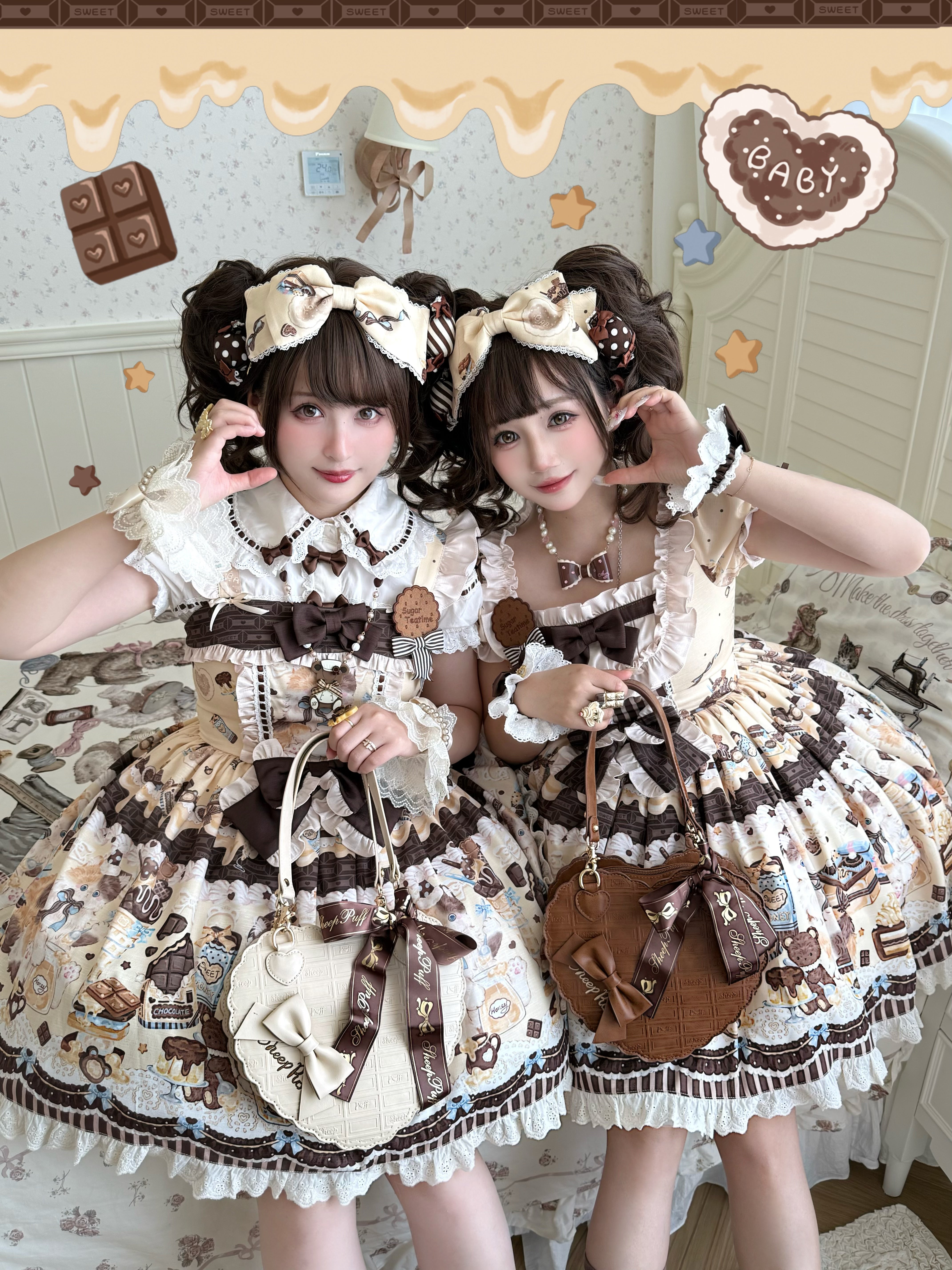 Chocolate Cake Party Mint Green Beige Honey Cat Print Sweet Lolita JSK Dress