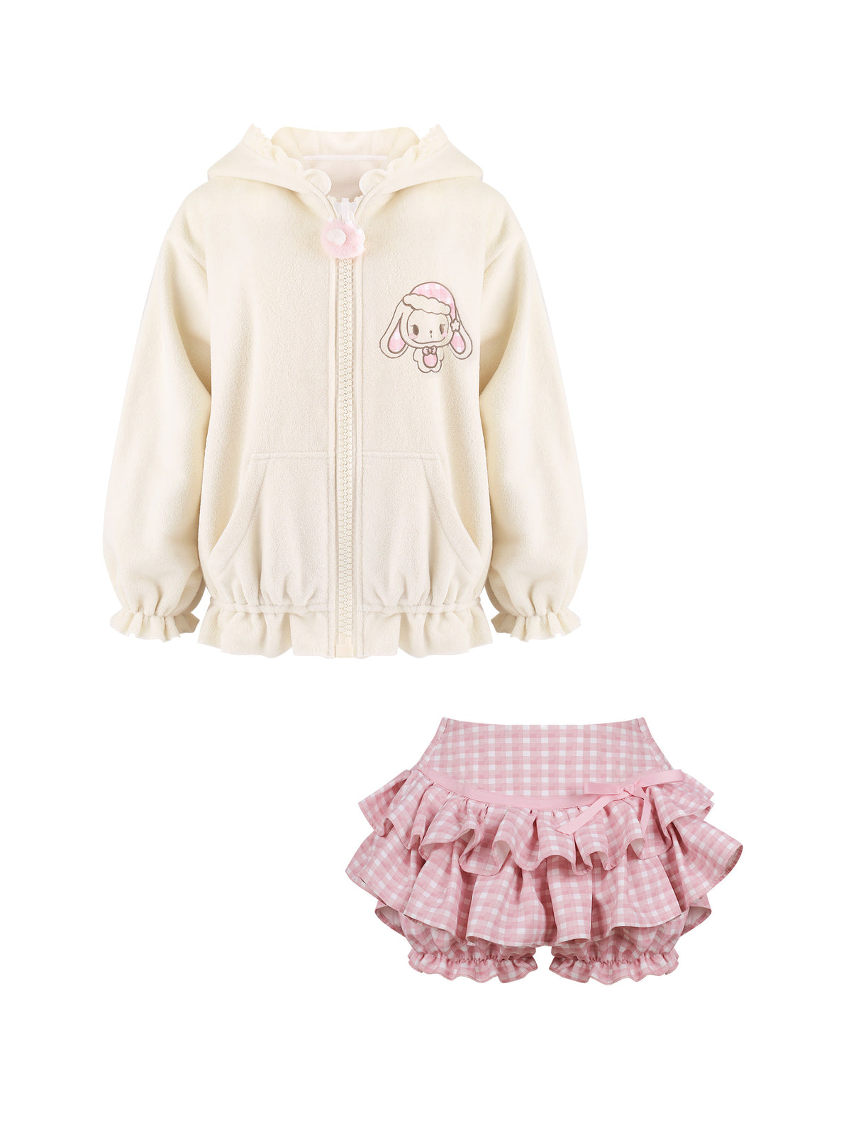 Bunny Doll Dream Off-White Bunny Ear Hooded Jacket Pink Plaid Tiered Skirt
